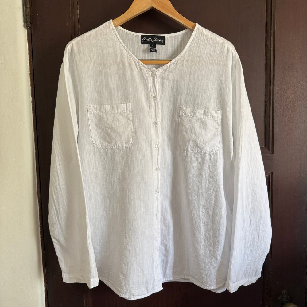 GRETTY ZUEGER | White Textured Cotton Button Down Oversized Blouse | Small